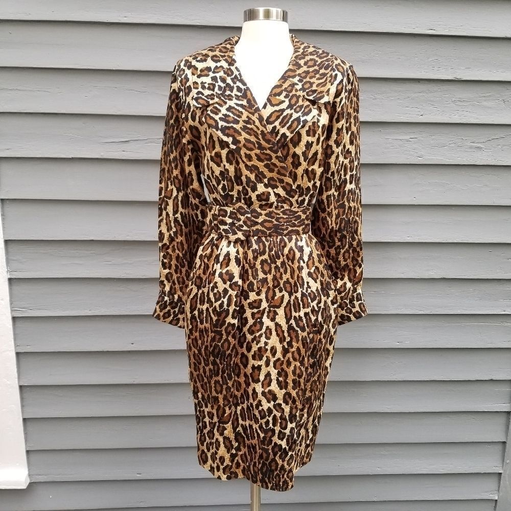 Vintage 80s Retro Pin Up Girl Animal Print Leopard‎ Silk Midi Pencil Dress 4
